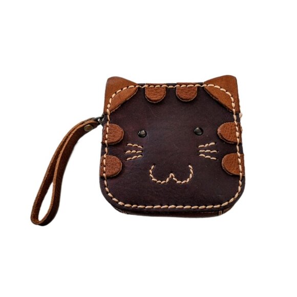 All Quality Leather Zippered w/ Strap Cat Wristlet Purse Suede Lined 4"x4"x7/8" - Picture 1 of 6